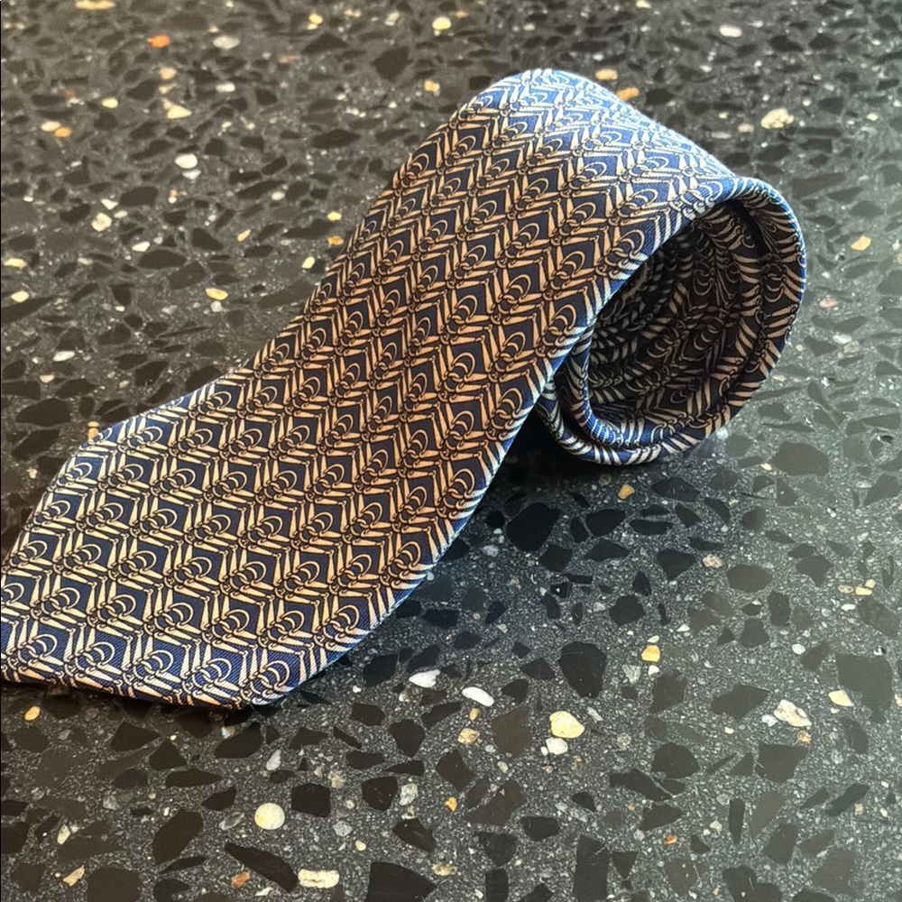 Hermes Blue and Gold Geometric Silk Ties
